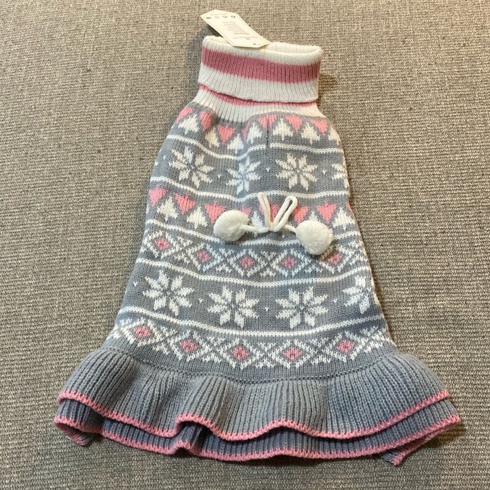 Dog sweater, pink, gray, and white